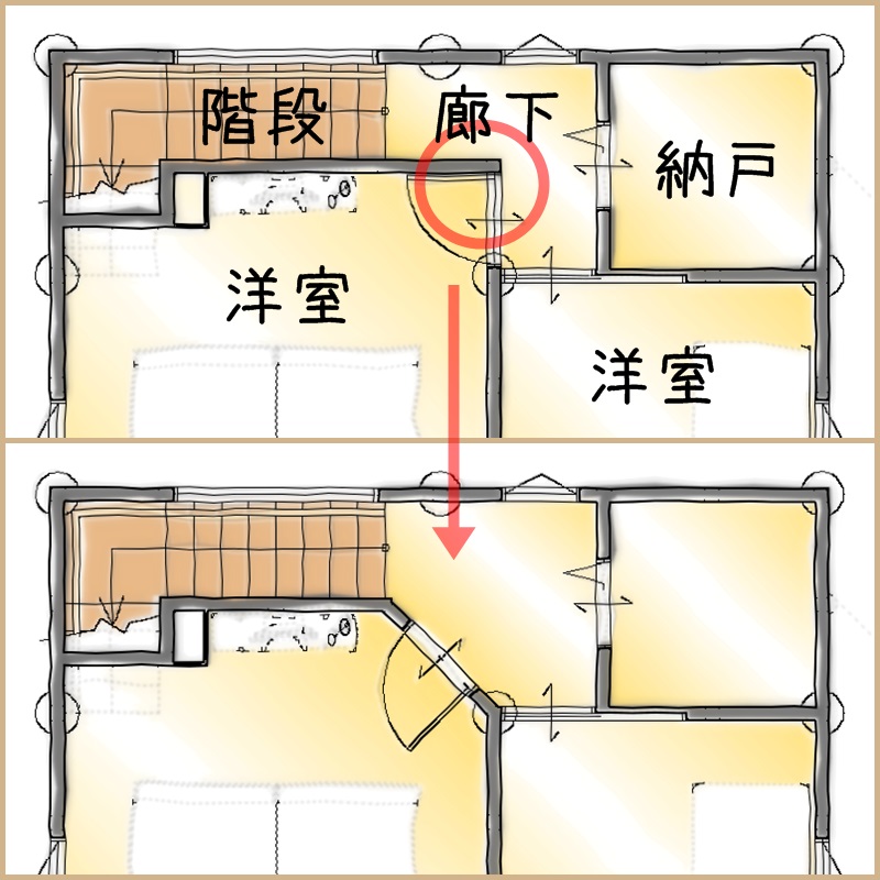 間取り　角を取る　斜め　春日工務店　丹波市　丹波篠山市　女性建築士　女性設計士